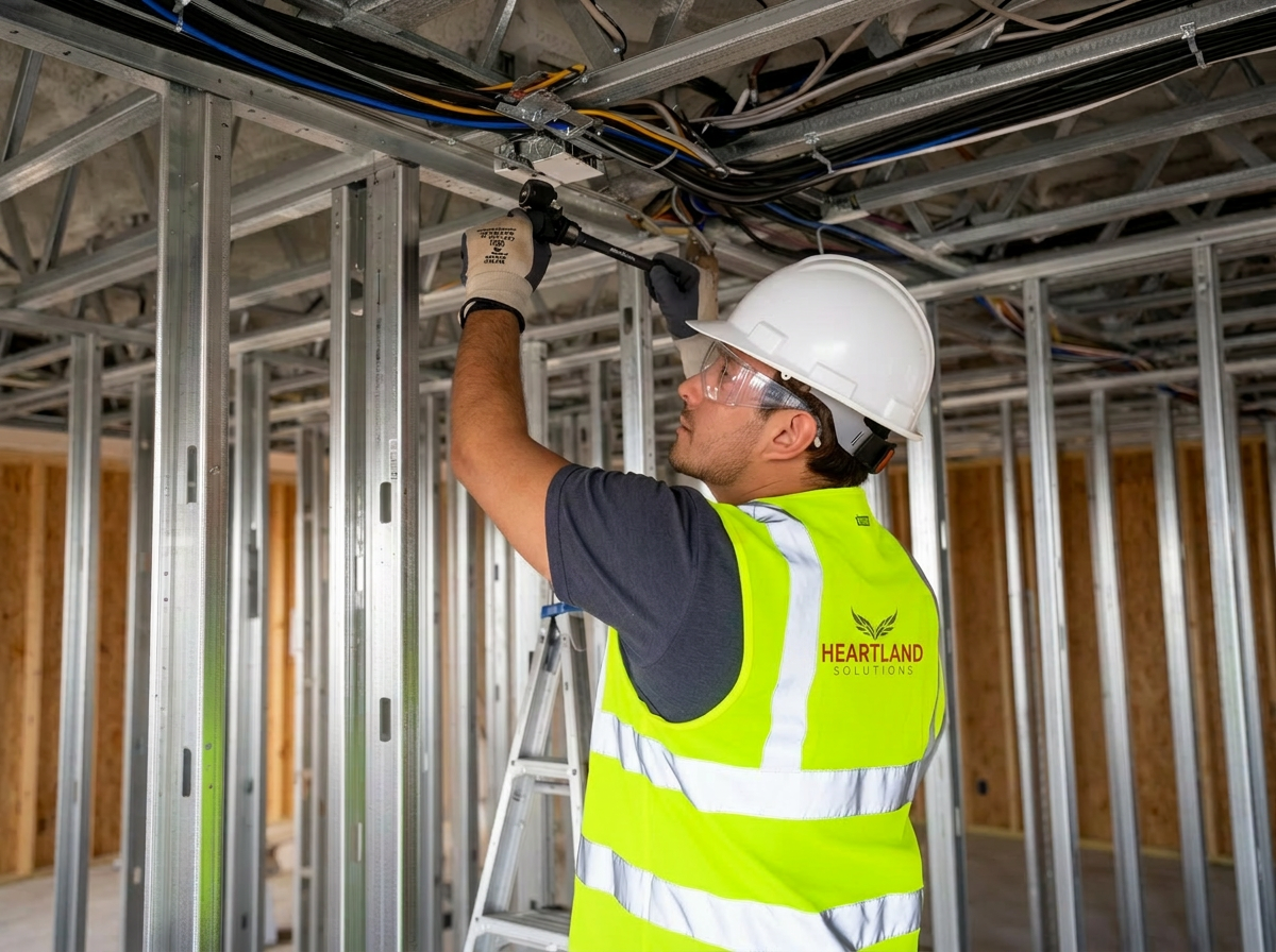 OSHA-compliant electrician in white hard hat, safety glasses, and high-visibility vest working on an interior buildout